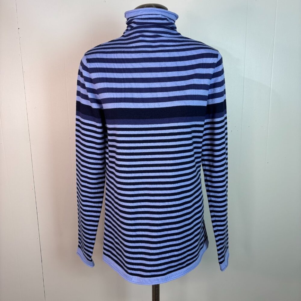Duluth Trading S'No Sweat Sweater Small Purple Navy Blue Striped Mock Turtleneck